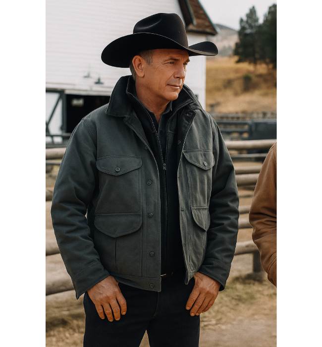 Grey Cotton Jacket Worn by Kevin Costner as John Dutton in Yellowstone